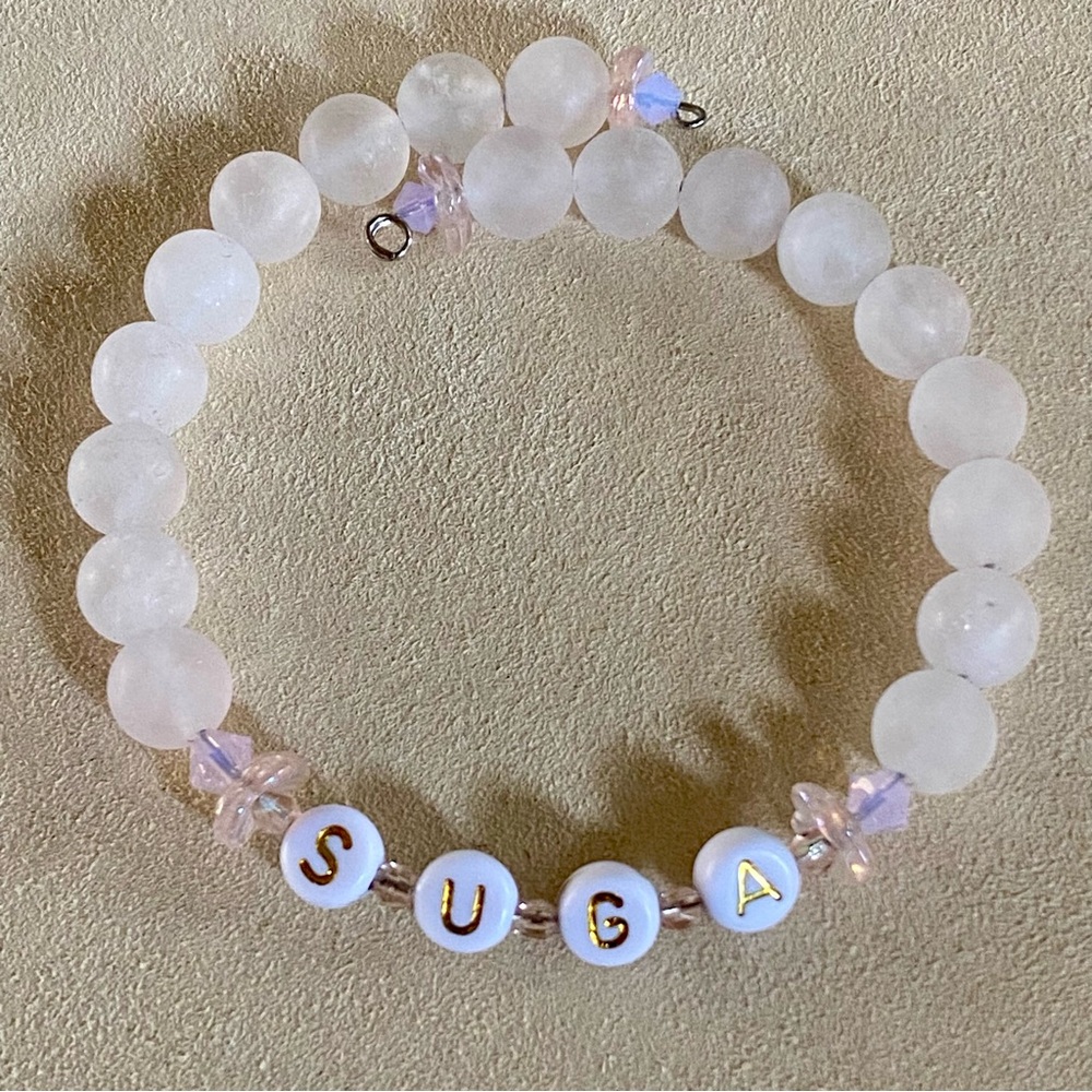 New Suga BTS Soft Pink Glass Beads Silver-tone Hardwire Bangle